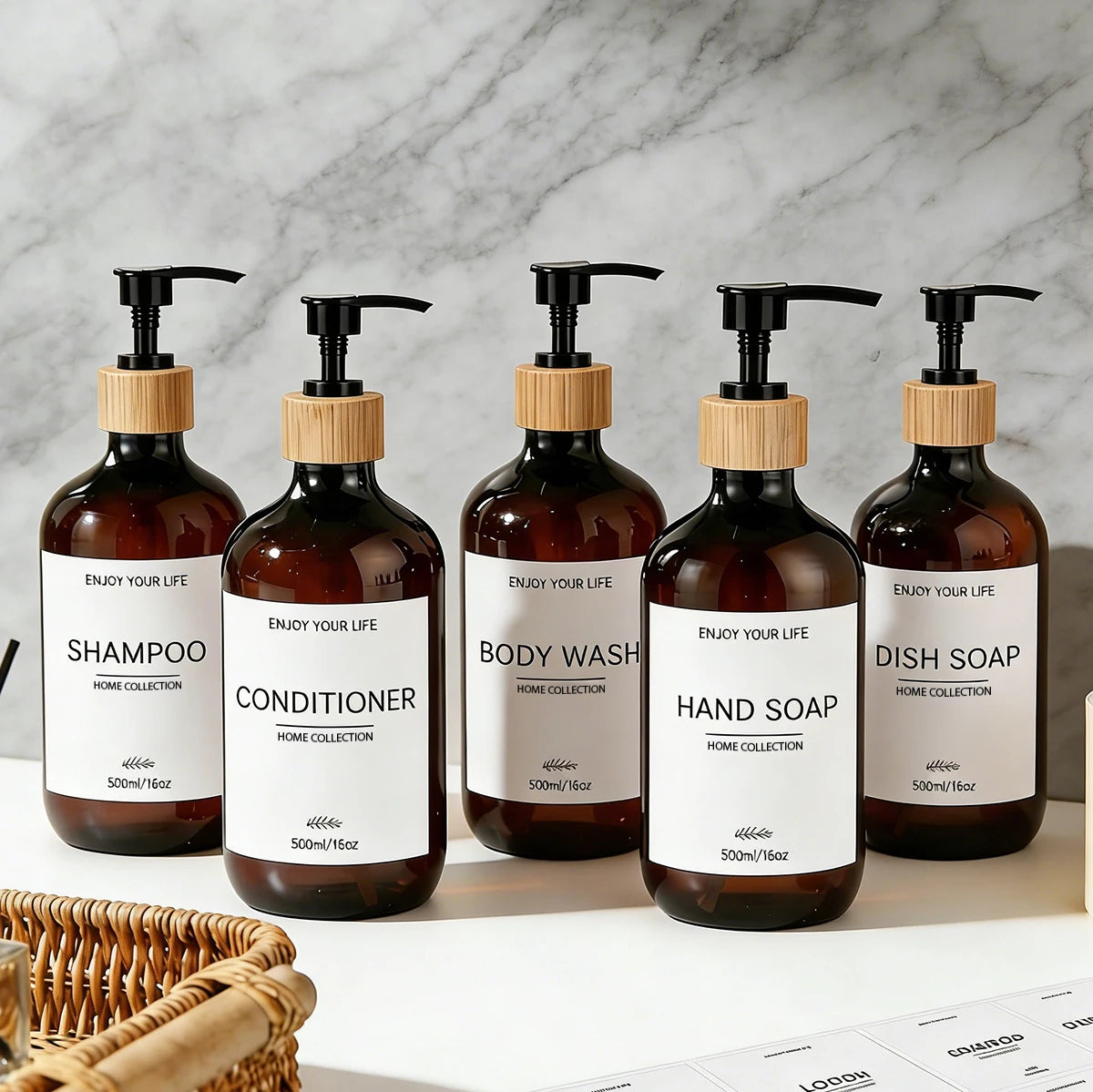 Refillable Amber Plastic Soap Dispenser with Bamboo Pumps Shatterproof Bottles for Shampoo Conditioner Body Wash Hand & Dish Qme