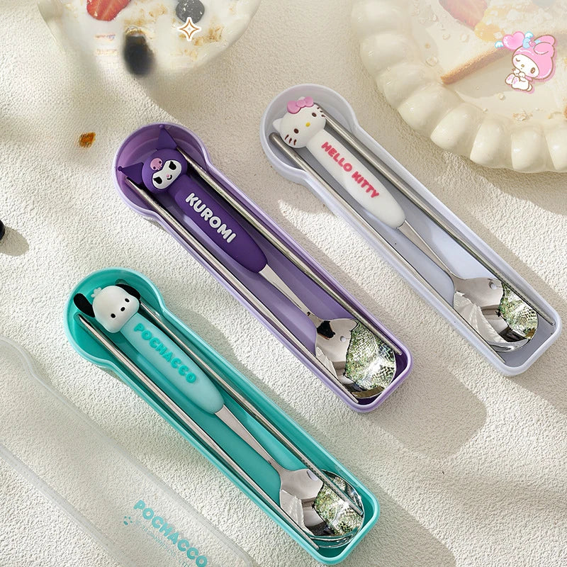 Hello Kitty Kuromi Spoon and Chopsticks Cute and Cartoon-Style Portable Cutlery Set Qme