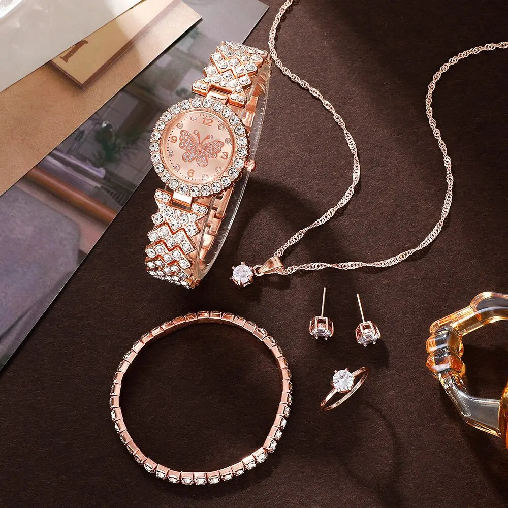 6pcs Fashion Crystal Butterfly Women's Watch Qme