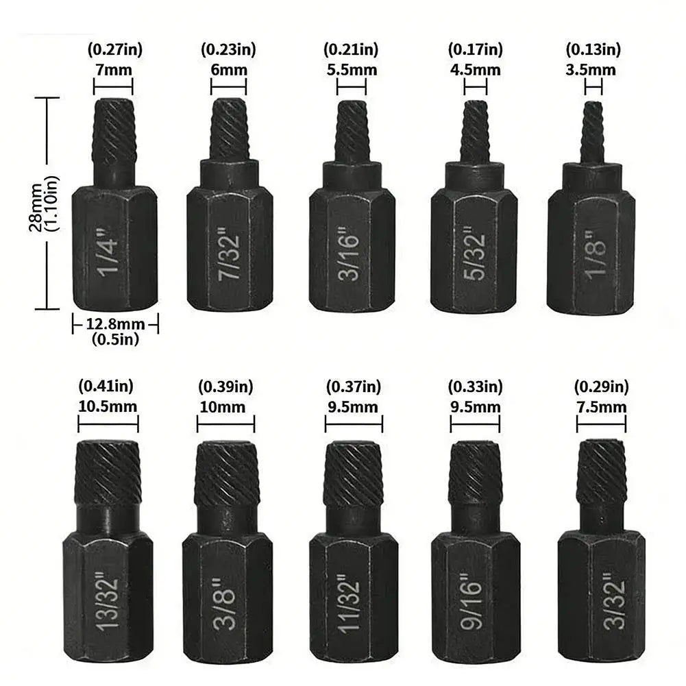 10pcs schroef extractor kit legeringsstaal beschadigde schroef verwijderer metaal gemakkelijk uit boorbutten gebroken bout stud Qme