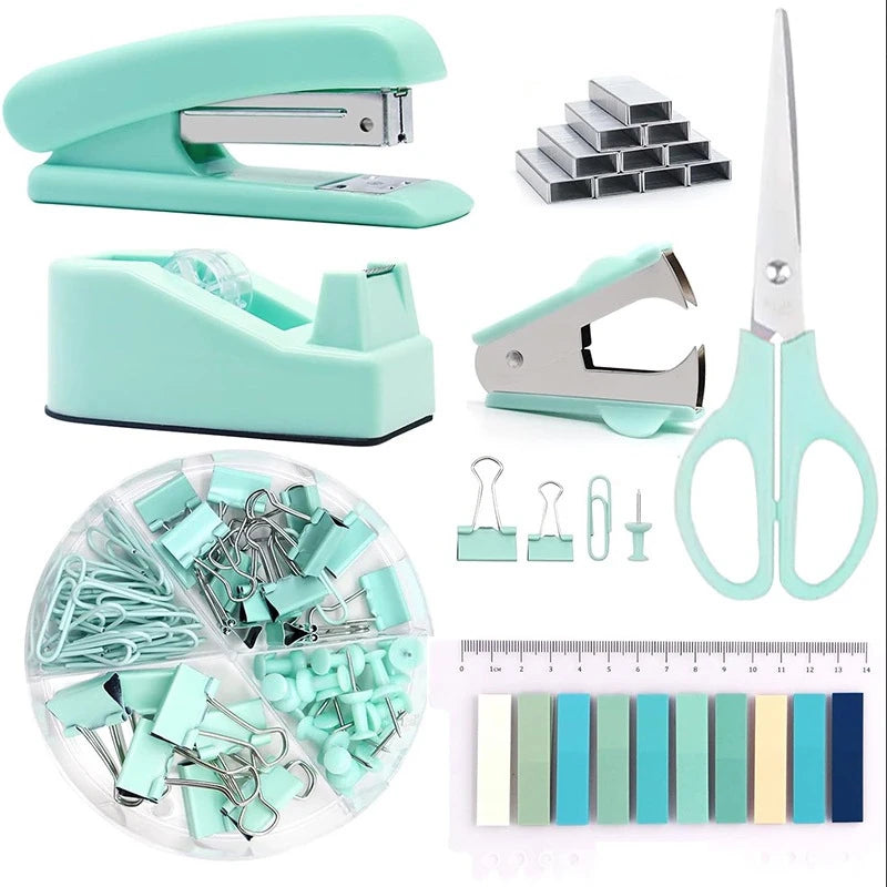 7Pcs/Set Organizer Accessories Set Office Supplies Stapler Staple Remover Paper Clips Back To School Student Stationery Kit Qme Green set
