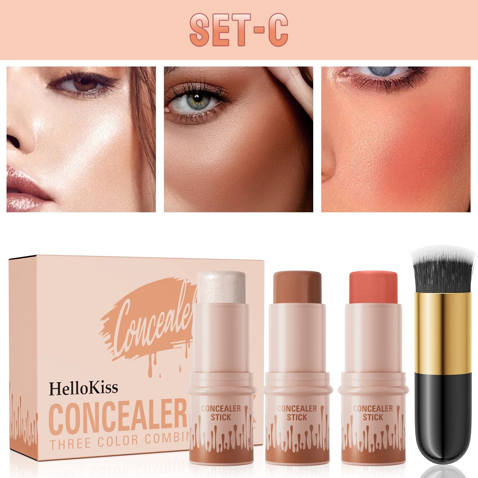 Contour Sticks, Highlighter Stick, Blush Stick, 3-Piece Cream Contour Set Including Contour Brush, Creates Facial Contours Qme 9507C-020-1