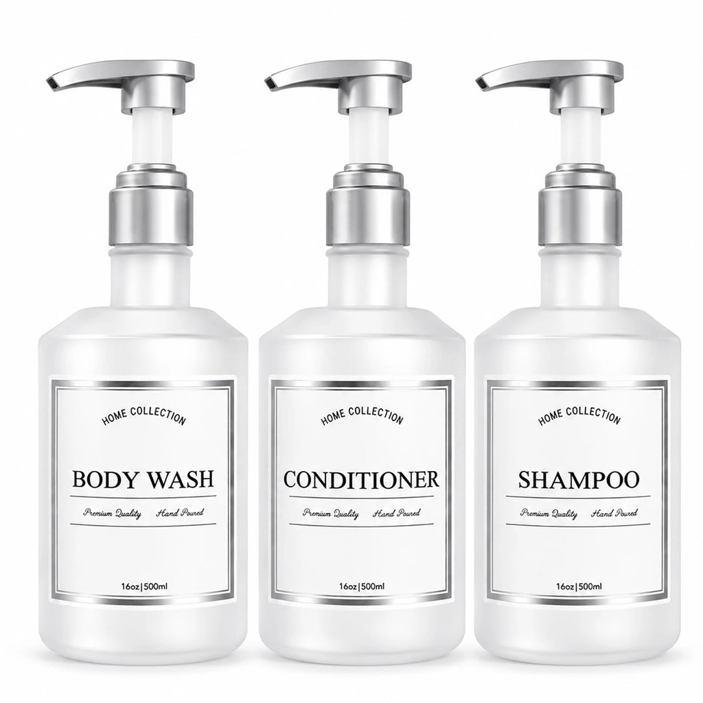 Shampoo and Conditioner Dispenser Bottles Set of 3 Translucent White Plastic Pump Bottles or Body Wash Shower Bath Organization Qme WHITE