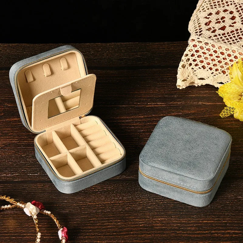 Velvet Jewelry Box For Women and Girls Necklace Ring Earrings Travel Portable Zipper Square Jewelry Storage Case with Mirror Qme Dark Blue