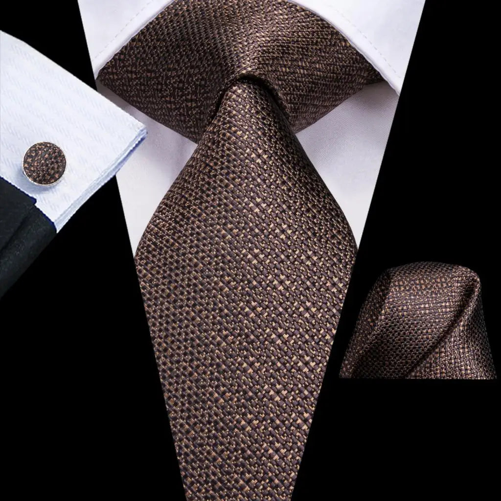 Hi-Tie Paisley Brown Tie For Men Elegant Mens Necktie Pocket Square Cufflink Groom Wedding Accessory Wholesale New Designer Qme 1N-3189