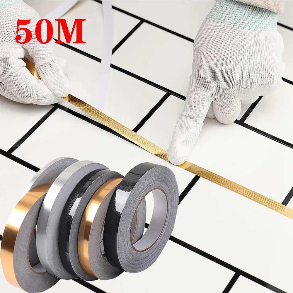 50M Self-Adhesive Tile Beauty Seam Sticker Tape 0.5/1cm Width Waterproof Gold Foil Lines Floor Wall Gap Decor Seal Strip Tape Qme