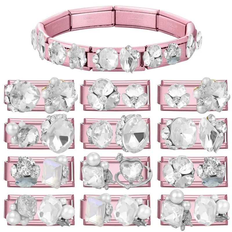 New 2026 Sweet Luxury Pearl Zircon Bows Square Long DIY Making Bracelet Women Men Stainless Steel 9mm Italian Charm Links Fit Qme