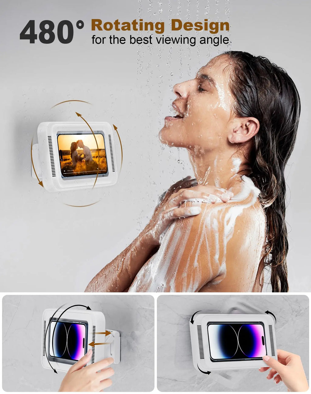 Shower Phone Holder with Speaker 480 Rotation, Wall Phone Mount for Shower Waterproof Anti Fog Shower Case for 4-7" Phones Qme