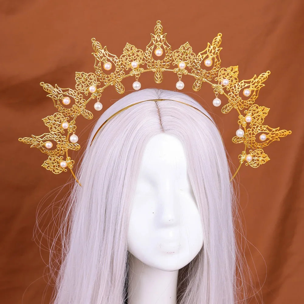 Gothic Gold Plated Halo Crown Vintage Faux Pearl Inlaid Sun Goddess Qme Style 2