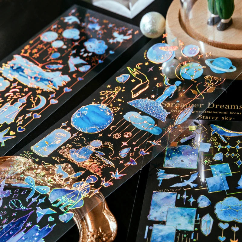 3 Sheets Bronzing PET stickers Dream Unicorn Literary Cats Music Clouds Hand Account DIY Material Decorative Stickers Qme