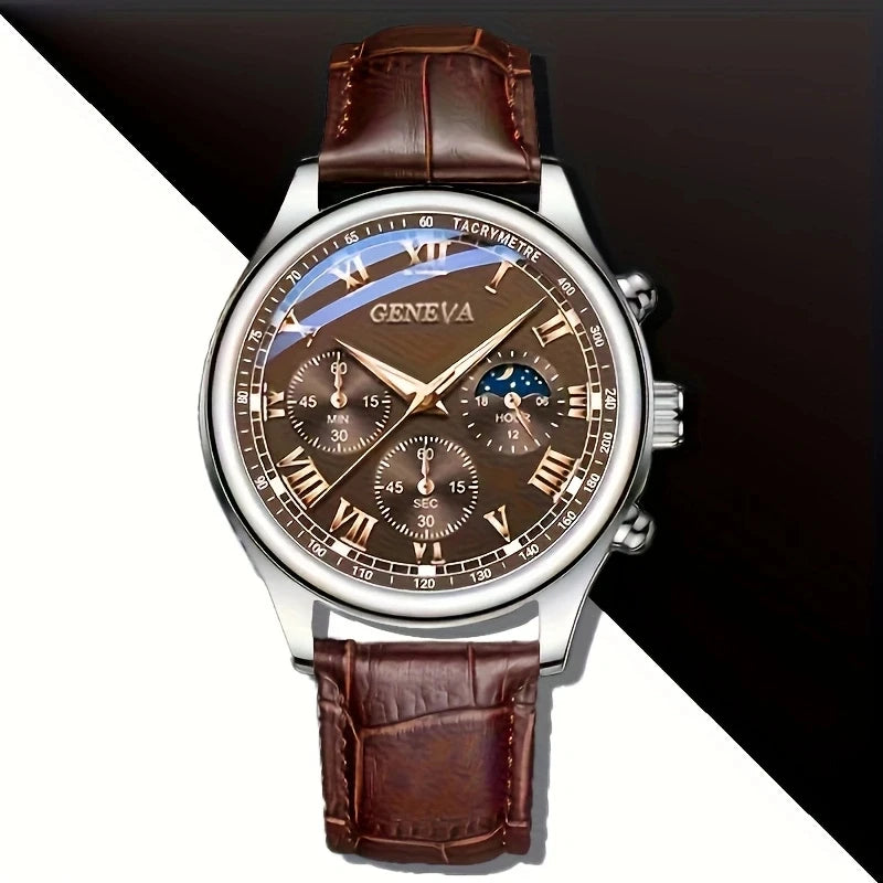 2026 GENEVA High Quality Men's Luxury Belt Fashion Quartz Watch Men Round Business Student Sport Waterproof Glow Clock Qme 2pc