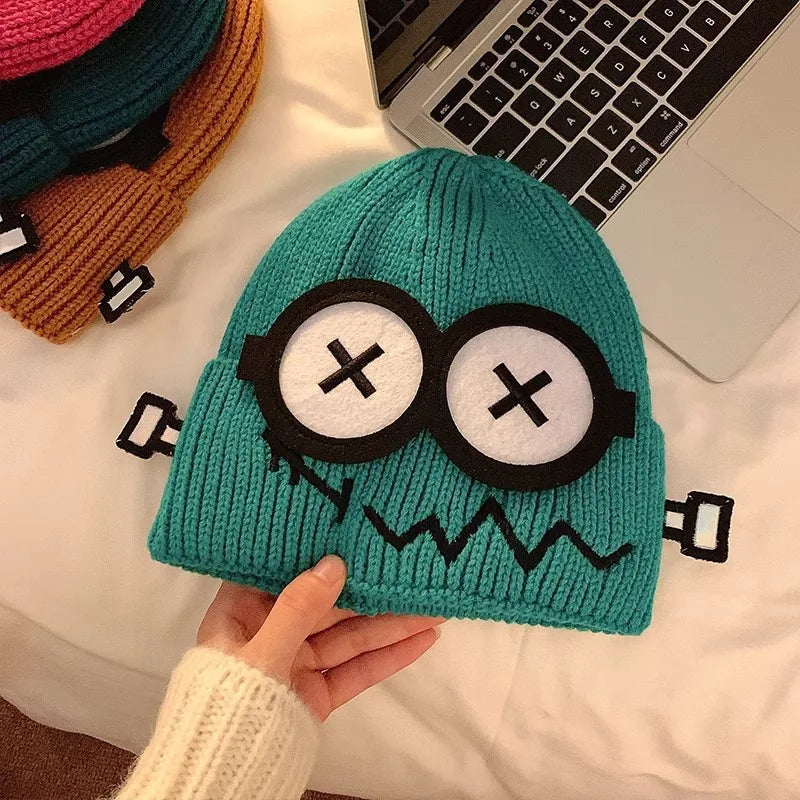 Funny Cute Knitted Woolen Hat Women Autumn Winter Cartoon Warm Qme DarkCyan