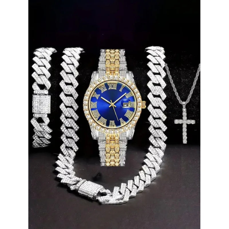 Hip hop watch+bracelet, strap, necklace set, diamond studded hip hop watch set, WATCH large dial Qme Ivory