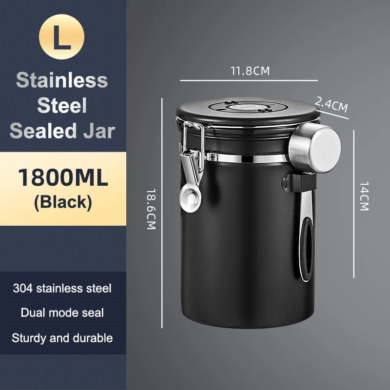 1 2 5 Coffee Bean Jar Airtight Canister Sealed Stainless Steel Spoon Qme 1800ml Black