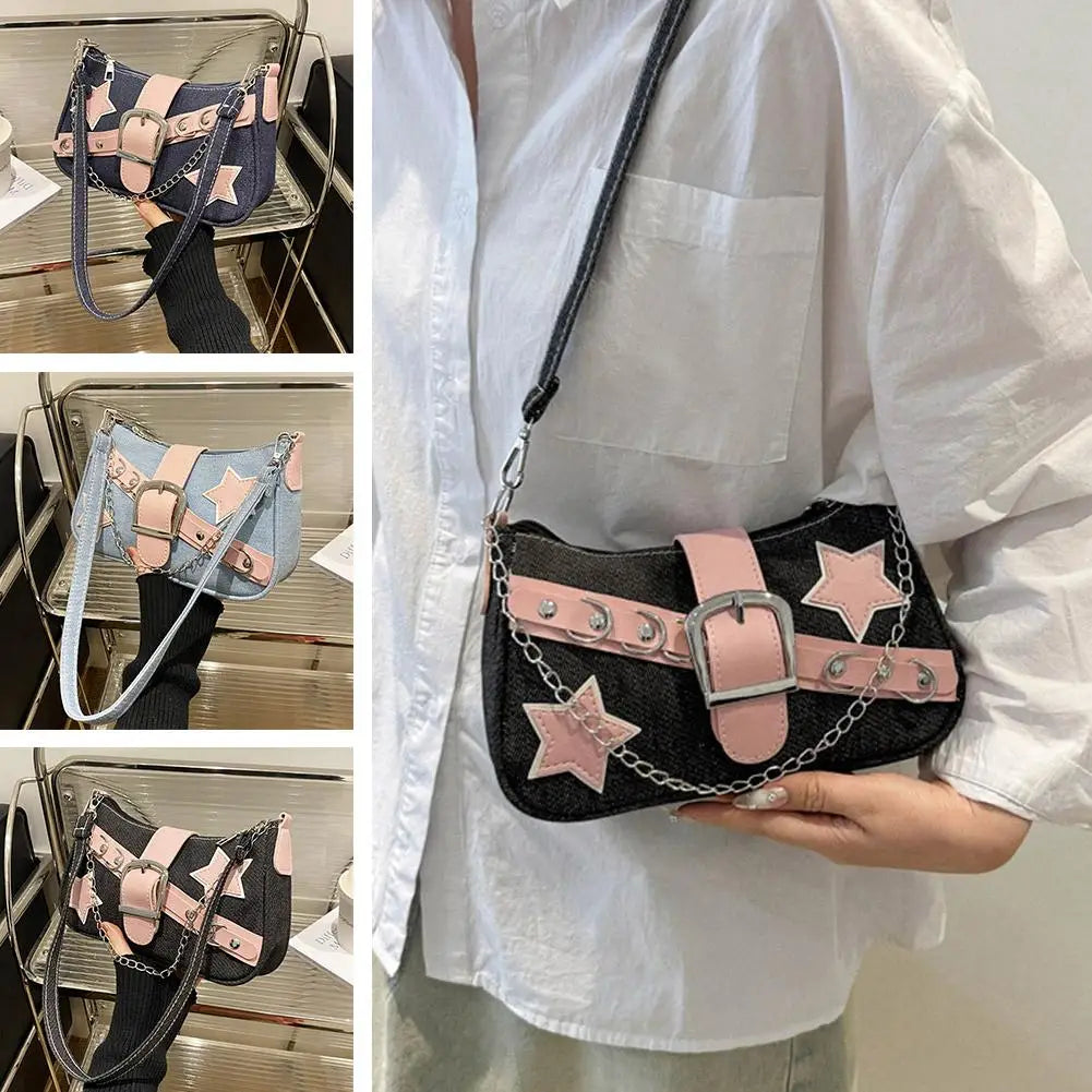 Fashion Women's Handbags Denim Stars Pattern Cool Girls Underarm Bag Female Small Shoulder Hobo Bags Chain Tote Bag Qme