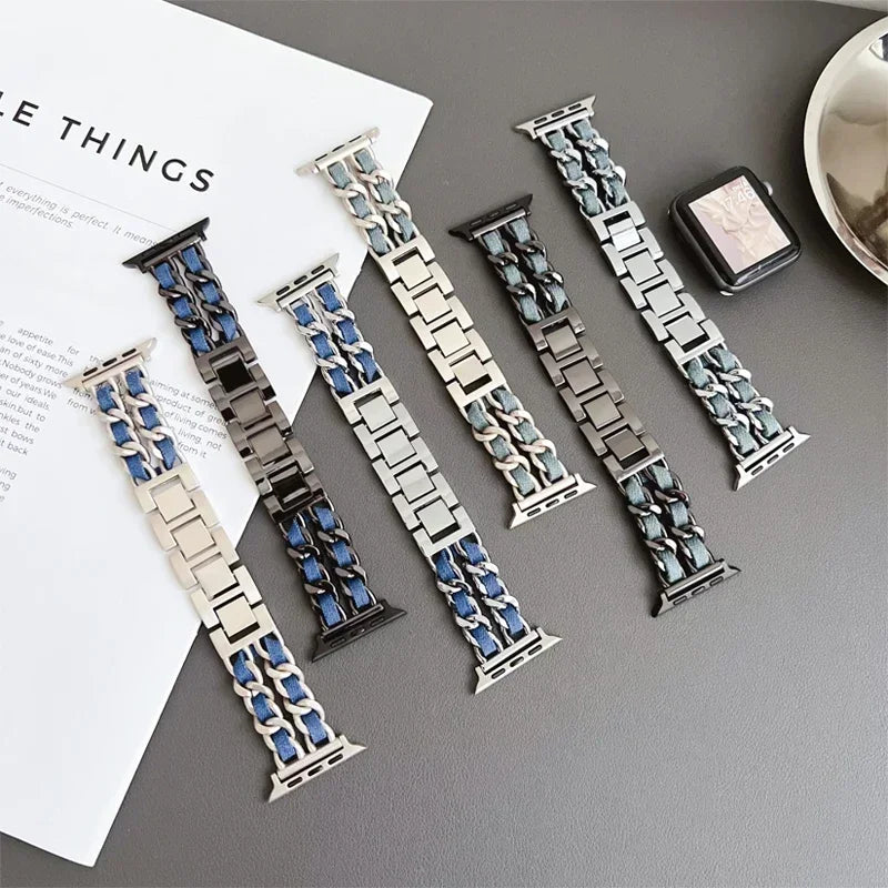Luxury Metal Denim Strap For Apple Watch Band Ultra 2 1 49mm 41 45mm 38 42mm 44 40mm Bracelet For iWatch 9 8 7 SE 6 5 4 3 Women Qme