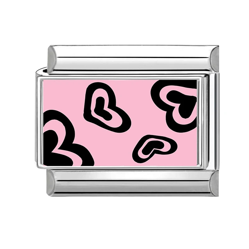 2026 New Original Splash-ink Love Heart Cat Pink Series Italian Link Fit 9mm Stainless Steel Bracelet Making DIY Charm Jewelry Qme Style 9