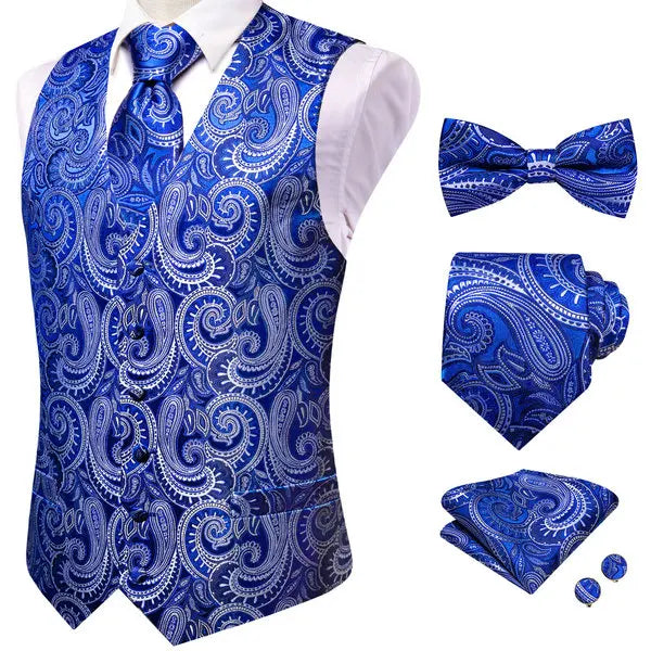 Blue Green V-Neck Paisley Waistcoat 5Pcs Set Vest Tie Bowtie Hanky Cufflinks Formal Suit Qme HT-MJTZ0145 S