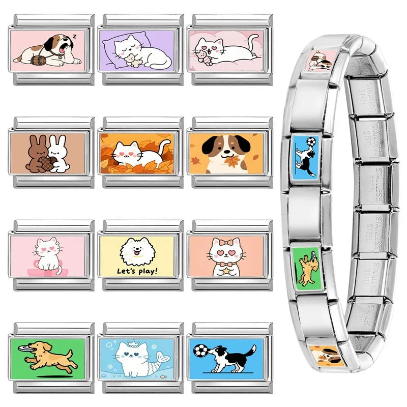 Wholesale 2025 New Cute Leaf Cats Dogs Rabbit Samoyed Italian Charm Link fit 9mm Stainless Steel Jewelry DIY Making Bracelets Qme