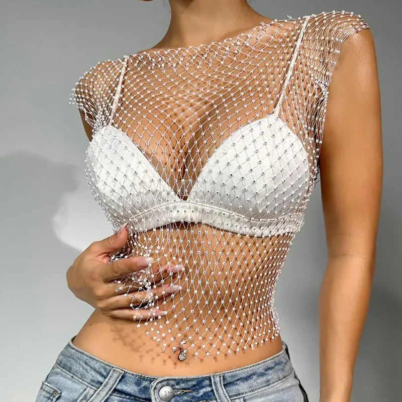 Sexy Women Shiny Rhinestone Fishnet Y2K Tank Crop Tops See Through Qme WHITE Length 45cm