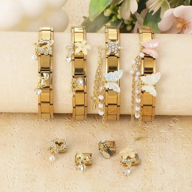 Fashion Pearls Tassel Chain Heart Butterfly Golden Pendant Italian Charm Links Fit 9MM Stainless Steel Bracelet Women DIY Making Qme