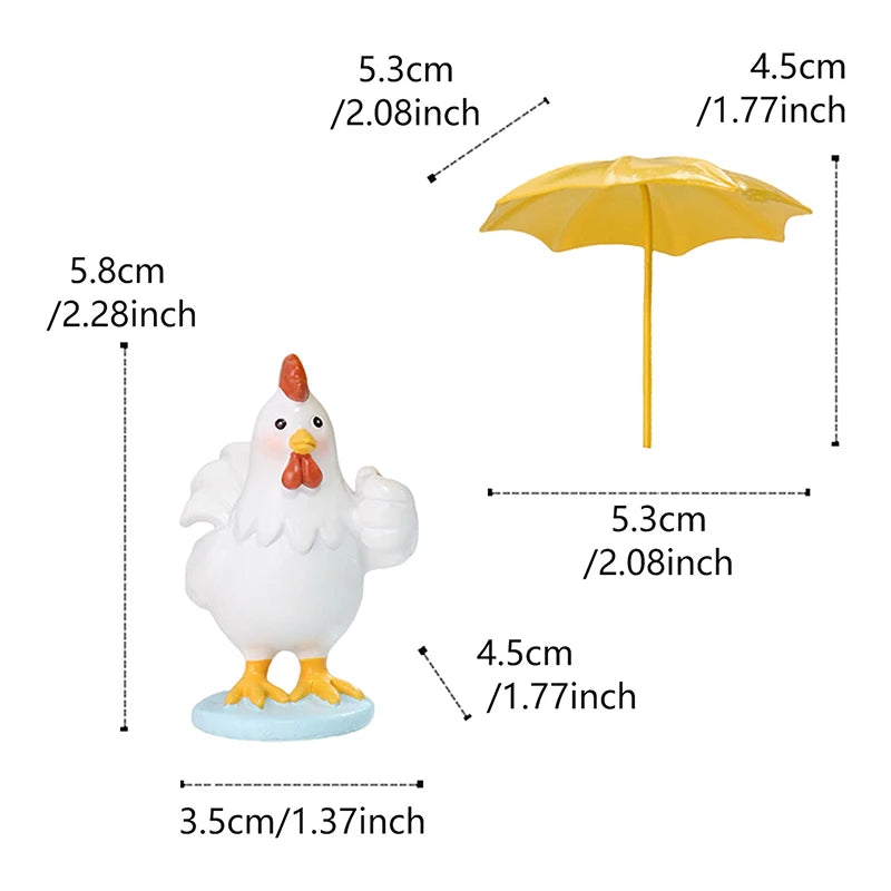 Rooster Figurine With Umbrella, Decorative Outdoor Statue,Collection Miniature Fairy Garden Home,Garden, Indoor Outdoor Decor Qme White
