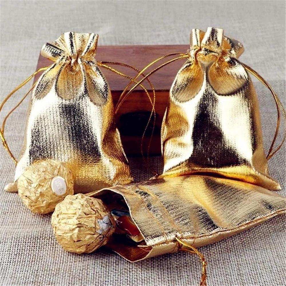 50pcs 5x7cm 7x9cm 9x12cm Metallic Foil Jewelry Packing Silver/Gold Color Drawstring Bag,Wedding Gift Candy Bags&Pouches Qme