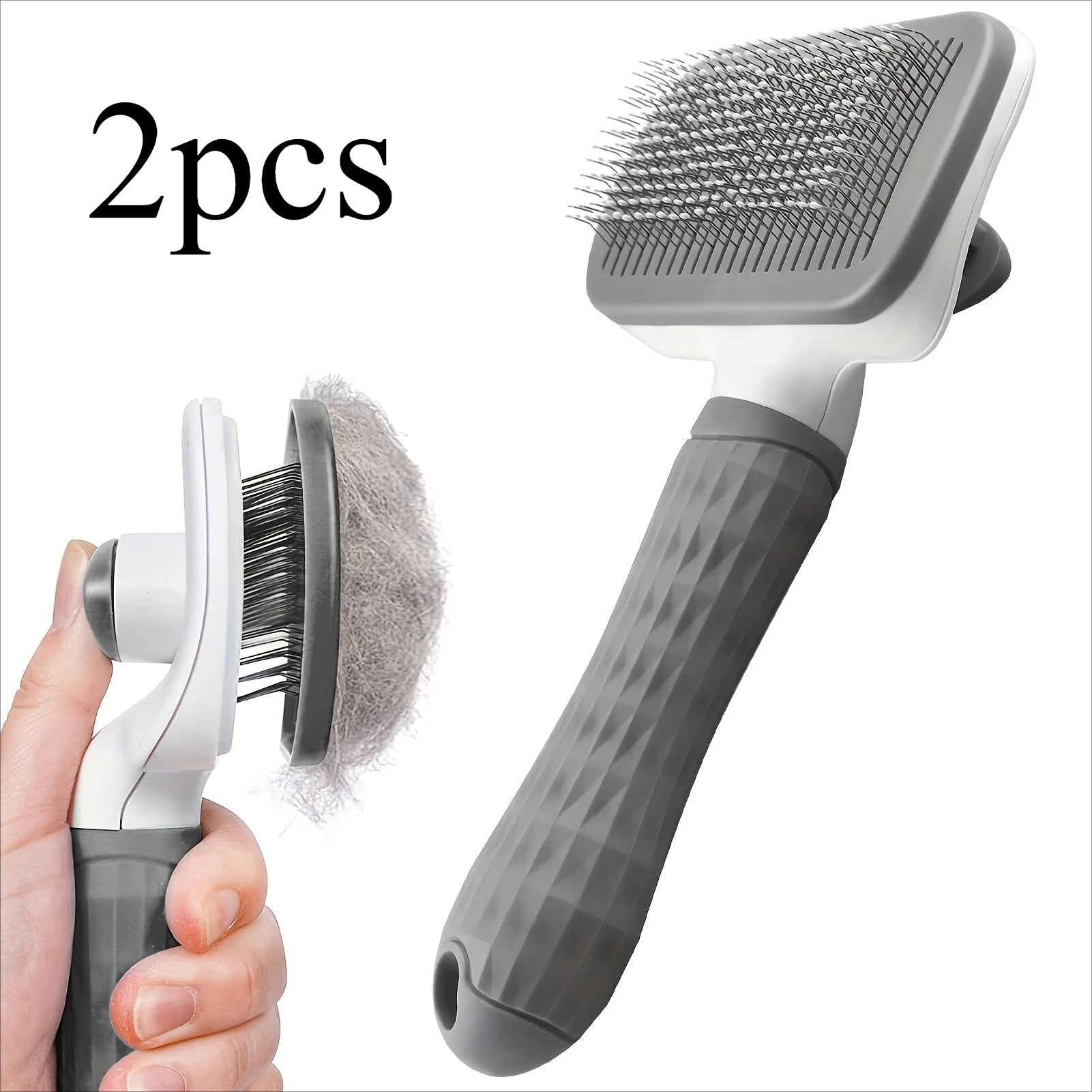 Easy-Clean Pet Comb, Suitable for Dogs and Cats - Gentle Deshedding Massage Comb with One-Click Deshedding Function Qme grey 2pcs