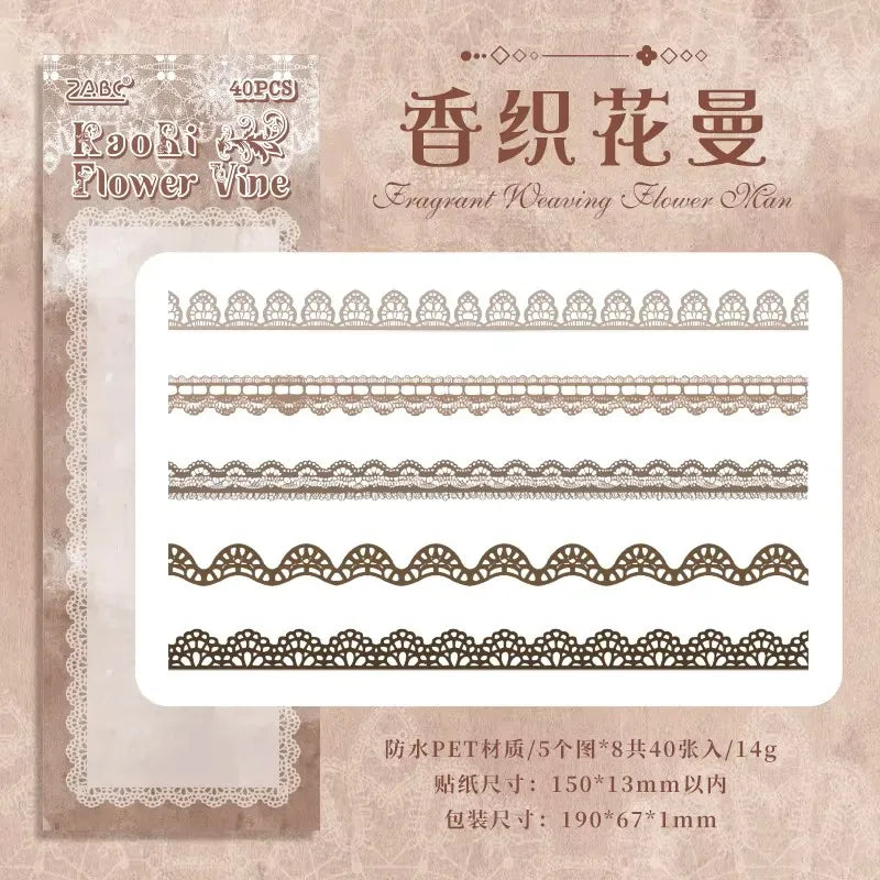 40 pcs Lace Stickers Cute Aesthetics Decor Collage Junk Journal Scrapbooking Supplies Self Adhesive Creative Stationery Sticker Qme B