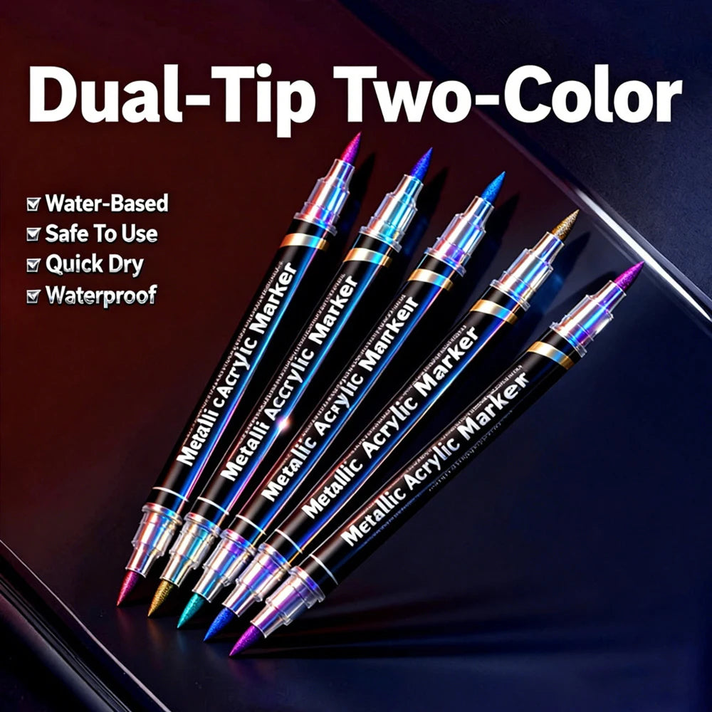 6-24 Pcs Dual Ended Metallic Acrylic Marker Two-color Touch-up Pen Waterproof Permanent for DIY Craft Drawing Graffiti Art Qme