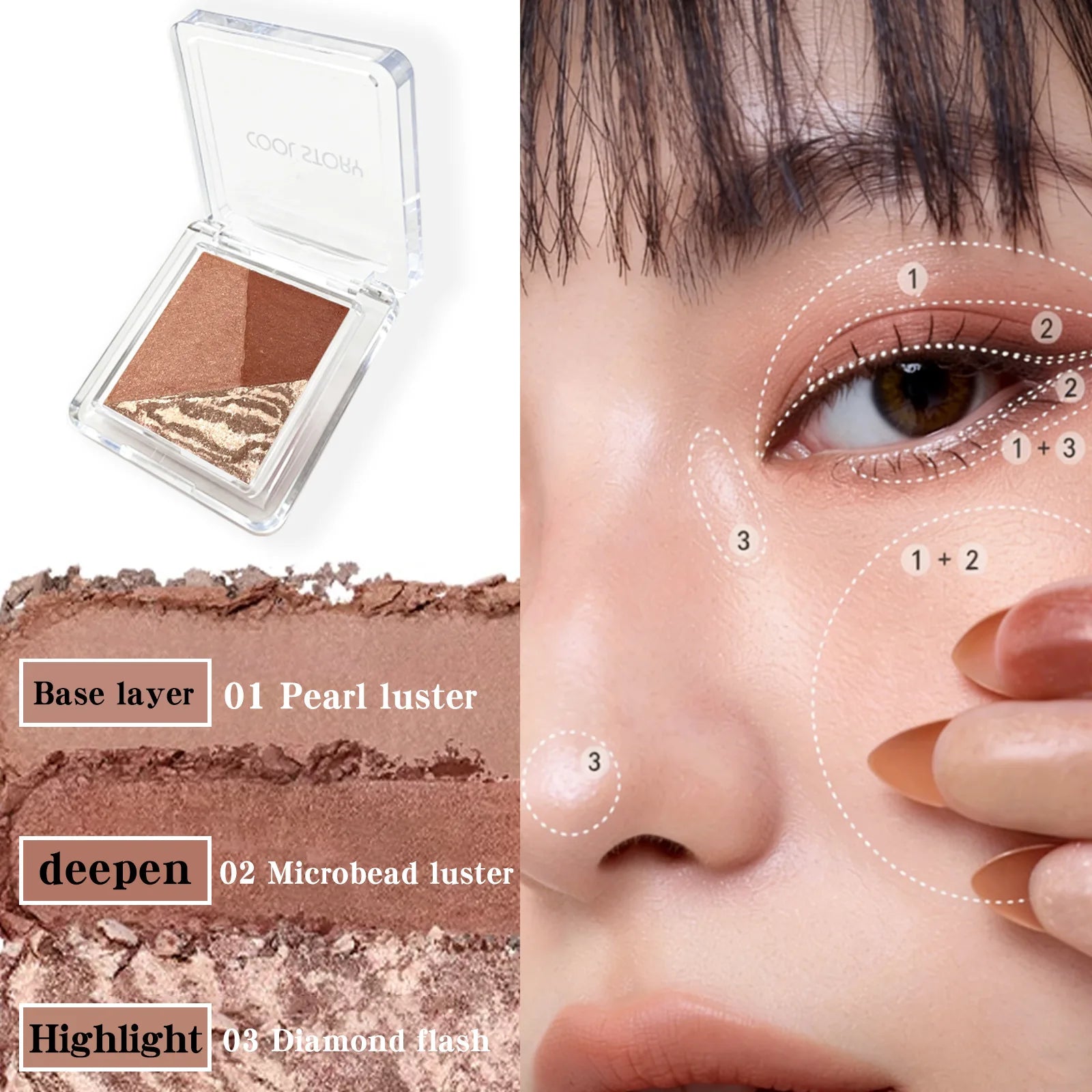 3 Color Eyeshadow Palette Pearlescent Matte Eye Shadow Diamond Flash Highlight Long-Lasting Base Deepen Brighten Eye Makeup Qme 05