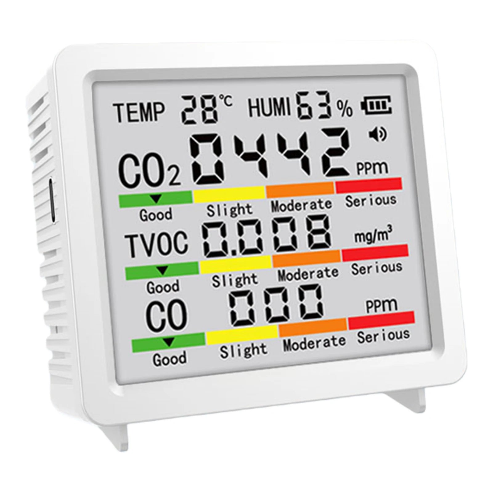 Portable Real-Time Detector TVOC Temperature Humidity CO CO2 Detection Portable Smart Air Quality Tester for Home Office Qme White