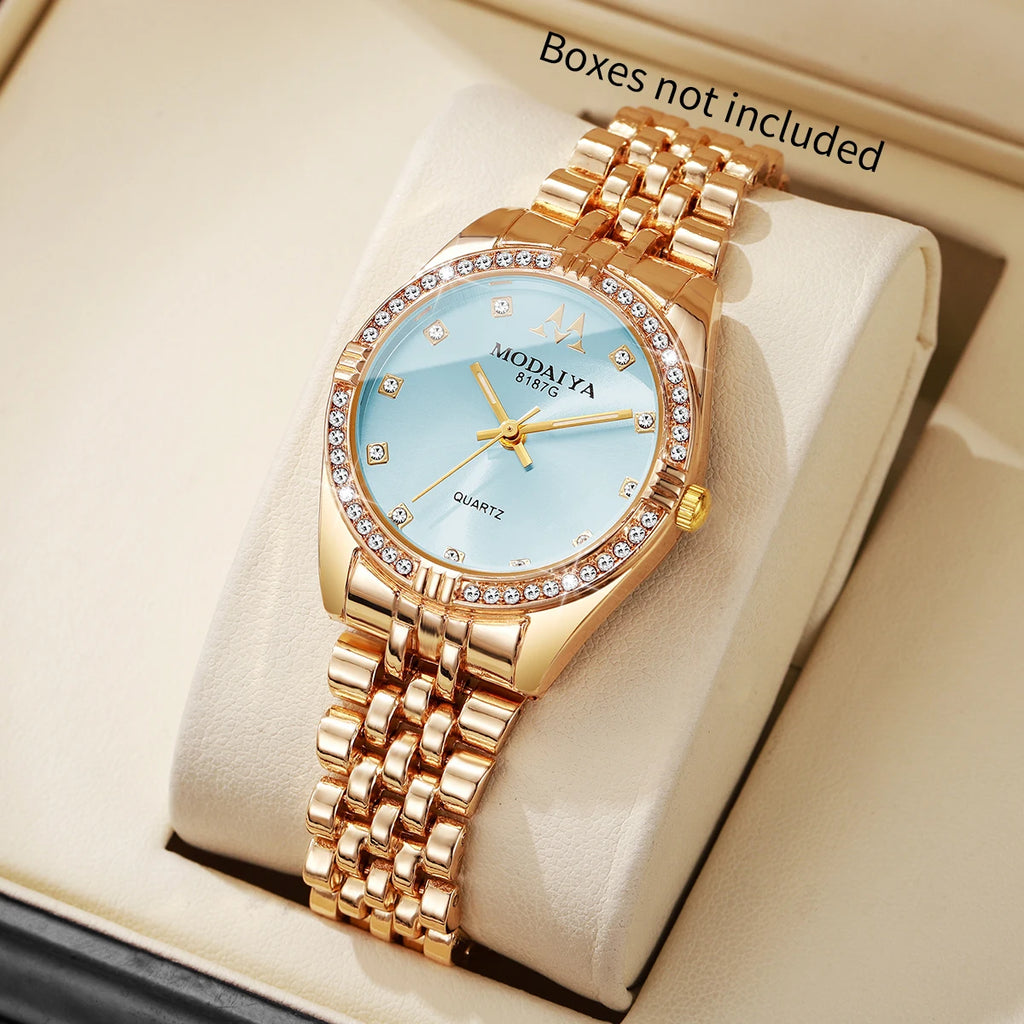 Luxury Women's Quartz Watch, Rose Gold Tone with Crystal Bezel, Light Blue Dial, Elegant Style Qme Gold Blue No Box