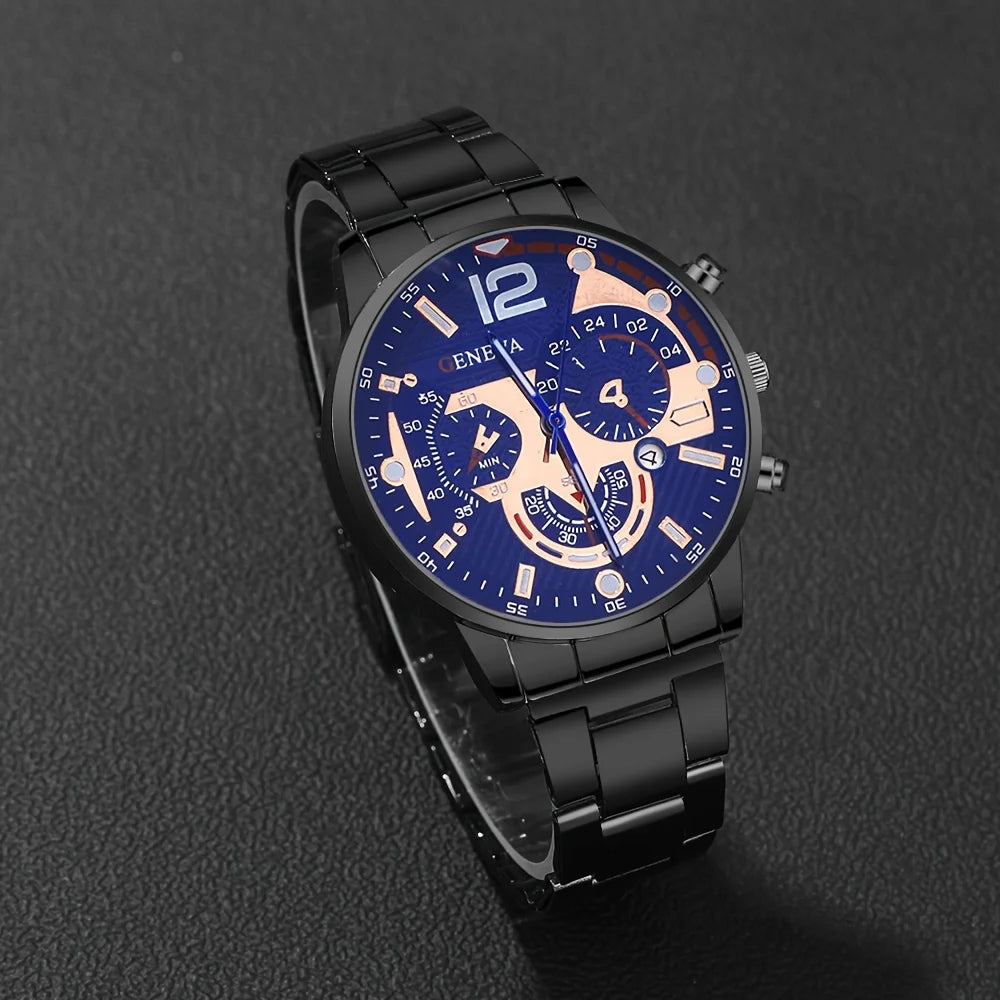 6pcs men's Geneva quartz watch set - elegant round dial, stainless steel strap, zinc alloy case, quartz watch Qme