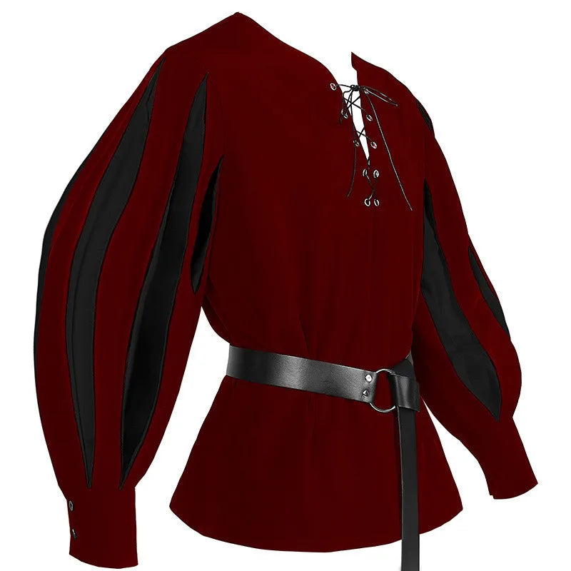 Men's Gothic Dark Contrast Lace Up Top Casual Vintage Medieval Renaissance Loose Soft Clothes Long Sleeve Shirt With Waistband Qme Red XXL