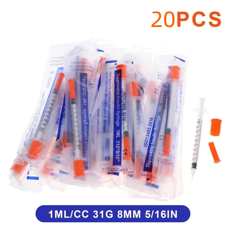 20Pcs Plastic Liquid Dispenser 0.5/1ml Disposable Safety Sterile Insulin Orange Cap Syringe For Pet Animal Qme 1ml 31G 8MM X20
