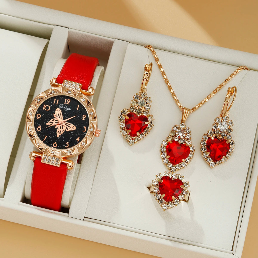 5pcs set women's fashionable and personalized minimalist classic butterfly digital belt watch quartz watch Qme Red