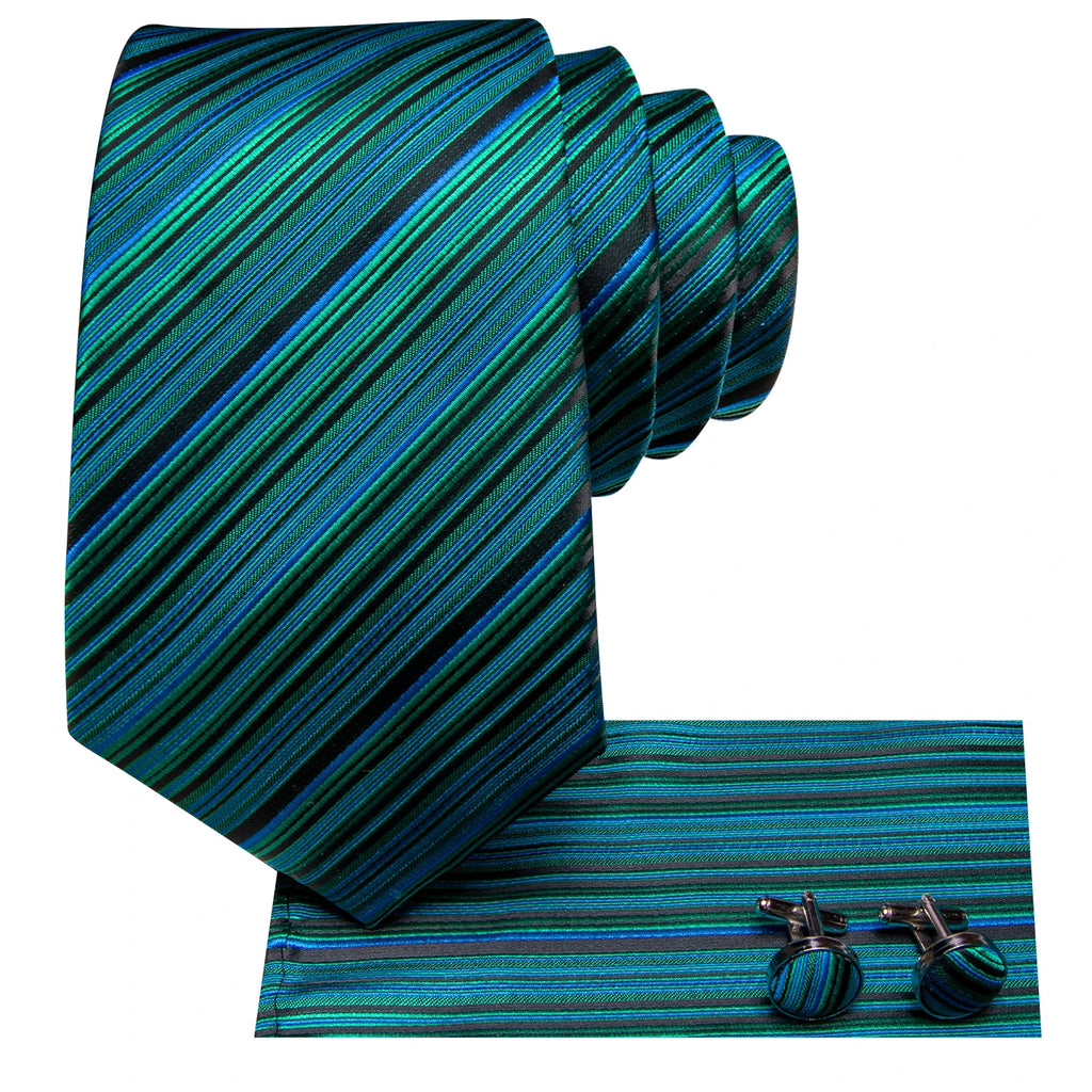 Hi-Tie Burgundy Blue Striped Men Elegant Necktie Handkerchief Cufflinks 3PCS Set Fashion Classic Silk Luxury Tie for Man Qme