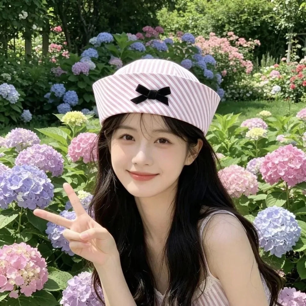 Fashion Y2K Stripe Sailor Hat Bow JK Navy Octagonal Polyester Captain Qme