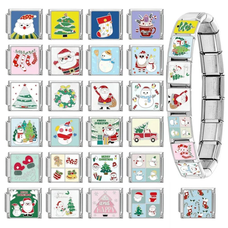 Fashion 2025 Colorful Christmas Socks Snowman Deer Italian Charms Fit 9mm Stainless Steel Women Fashion Bracelet DIYJewelry Gift Qme