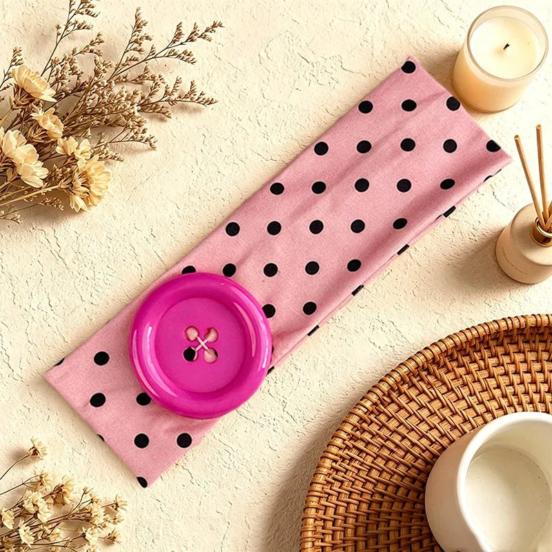 2026 Y2K Big Button Elastic Headband Sweet Cute Polka Dot Wide Yoga Hairband Dopamine Colorful Hair Accessories for Women Girls Qme Pink Rose