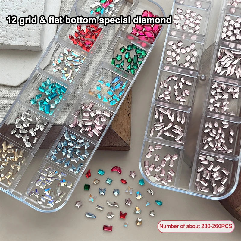 12 Grids Mixed Shape Colorful Rhinestones Nail Art Decoration Multi Size Flat Back Rhinestone Nail Gel Diy Nail Accessories Qme