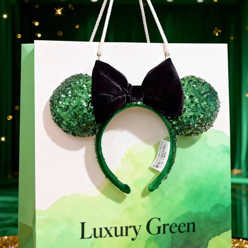 Luxury Green Mickey Mouse Ear Headbands Glitter Princess Party Decoration Cosplay Hair Accessories Hairband for girl Women Adult Qme