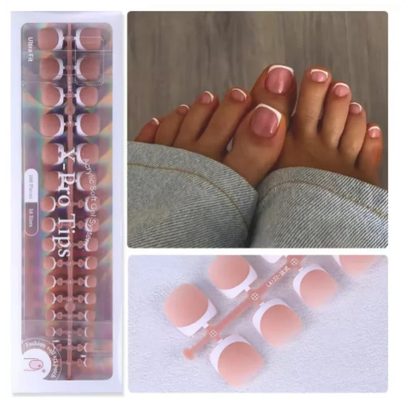 160pcs Fake Toe Nail Tips Pink French Short Square Full Cover Natural Artificial Acrylic Fake Press On Toenails For Nail Salons Qme