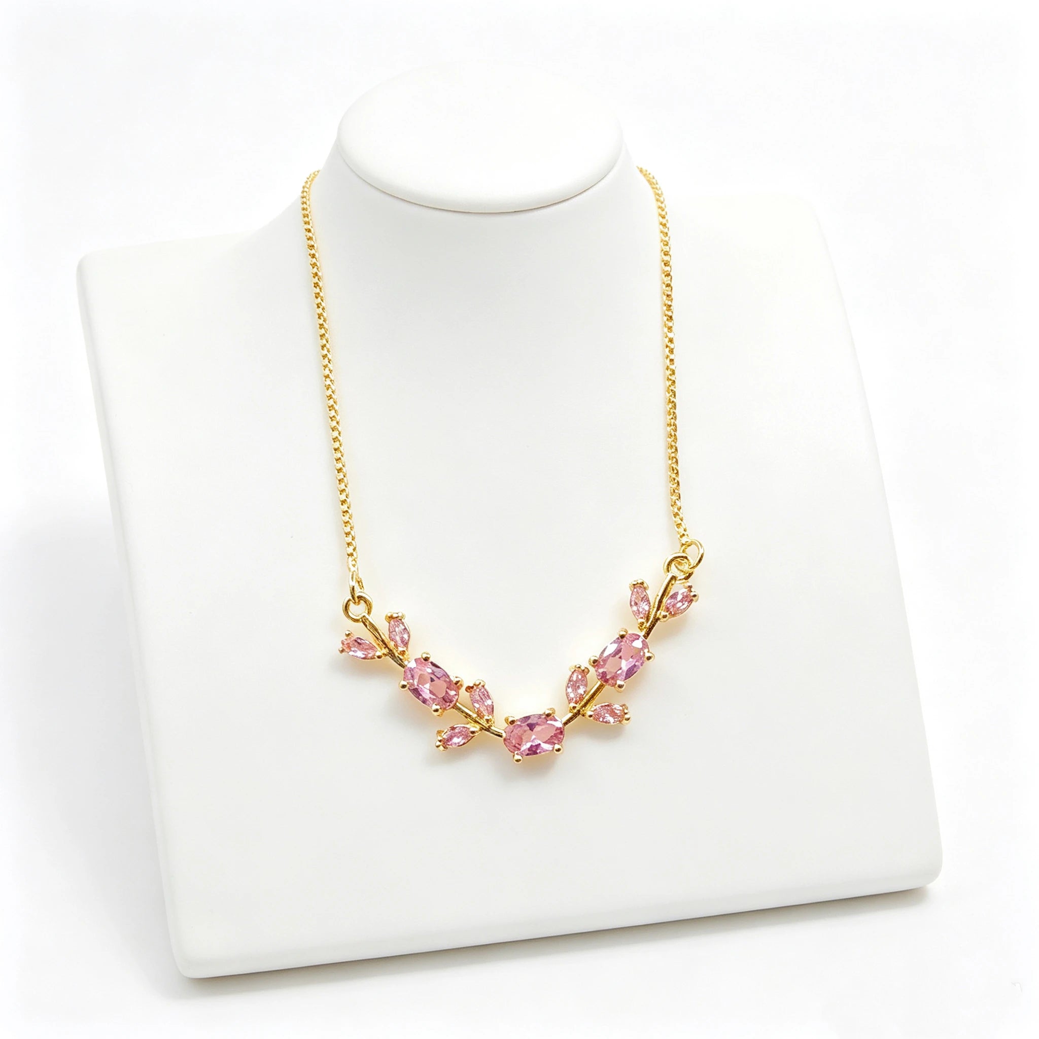 Light Luxury Pink Green Rhinestone Tulip Leaf Vine Flower Necklace Temperament Clavicle Chain Fashion Party Jewelry for Women Qme Pink 45cm