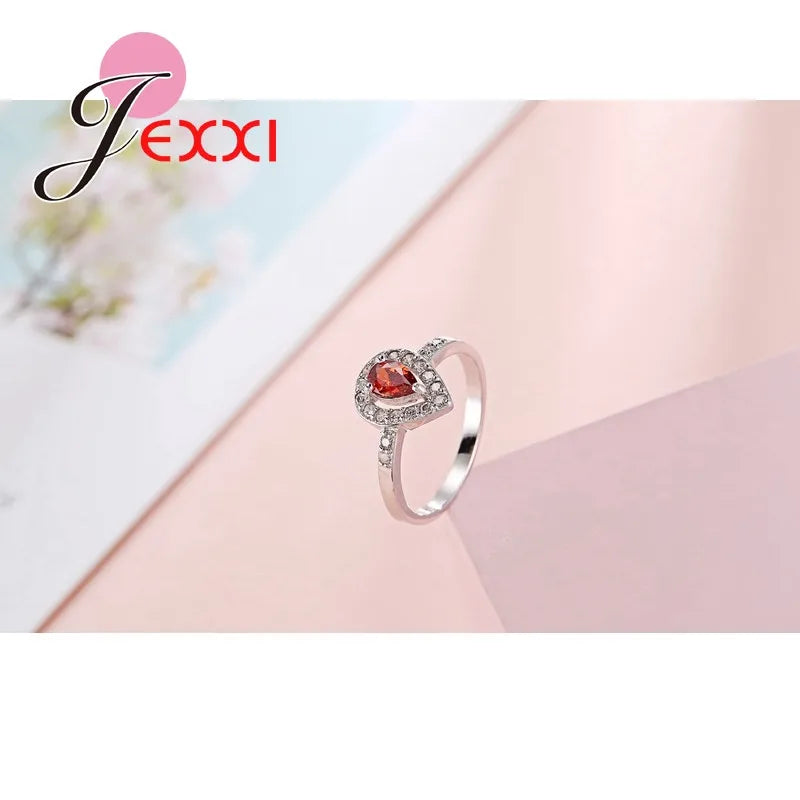 925 Sterling Silver Color Ring Waterdrop Shape Ornament Fire Red Crystal Stone For Women Female Gift Qme