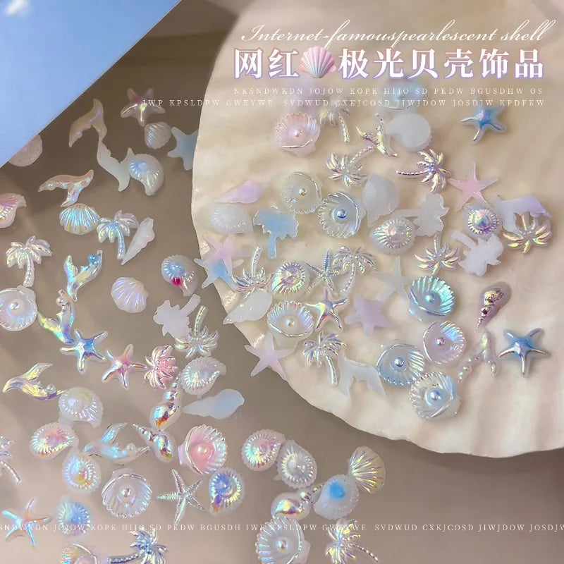Mixed Aurora Shell Nail Charms Ocean Series Starfish Conch Coconut Tree Resin Nail Art Decorations DIY Manicure Accessories Qme