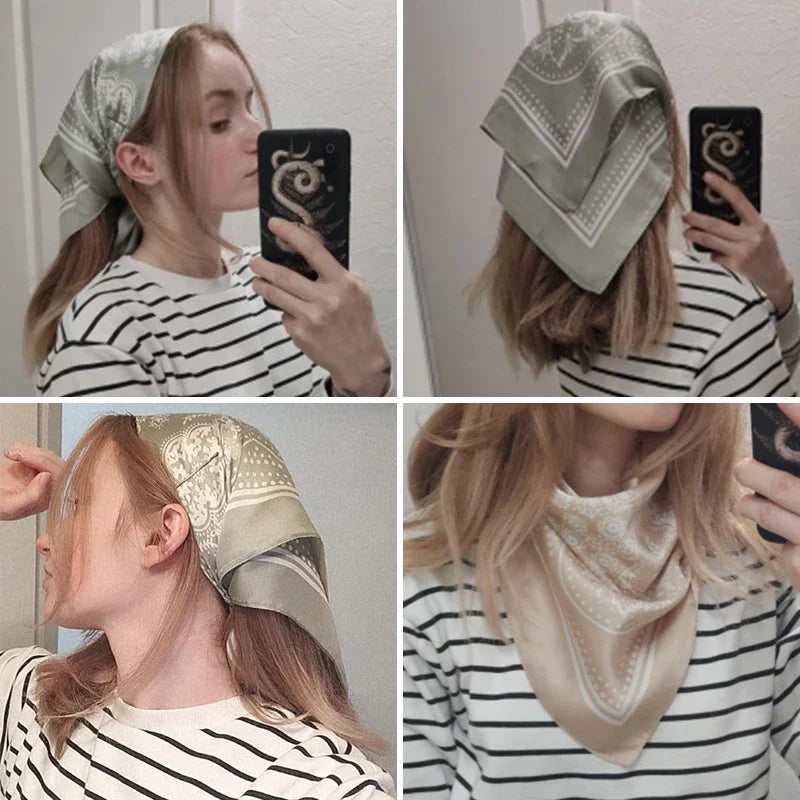 Women Scarf Fashion Paisley Printed Hijab Satin Bandana Head Scarfs Qme