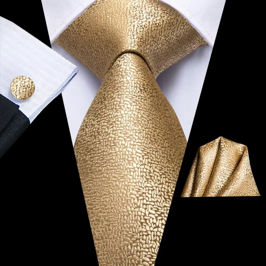 Designer Gold Solid Wedding Tie Men Handky Cufflink Striped Plaid