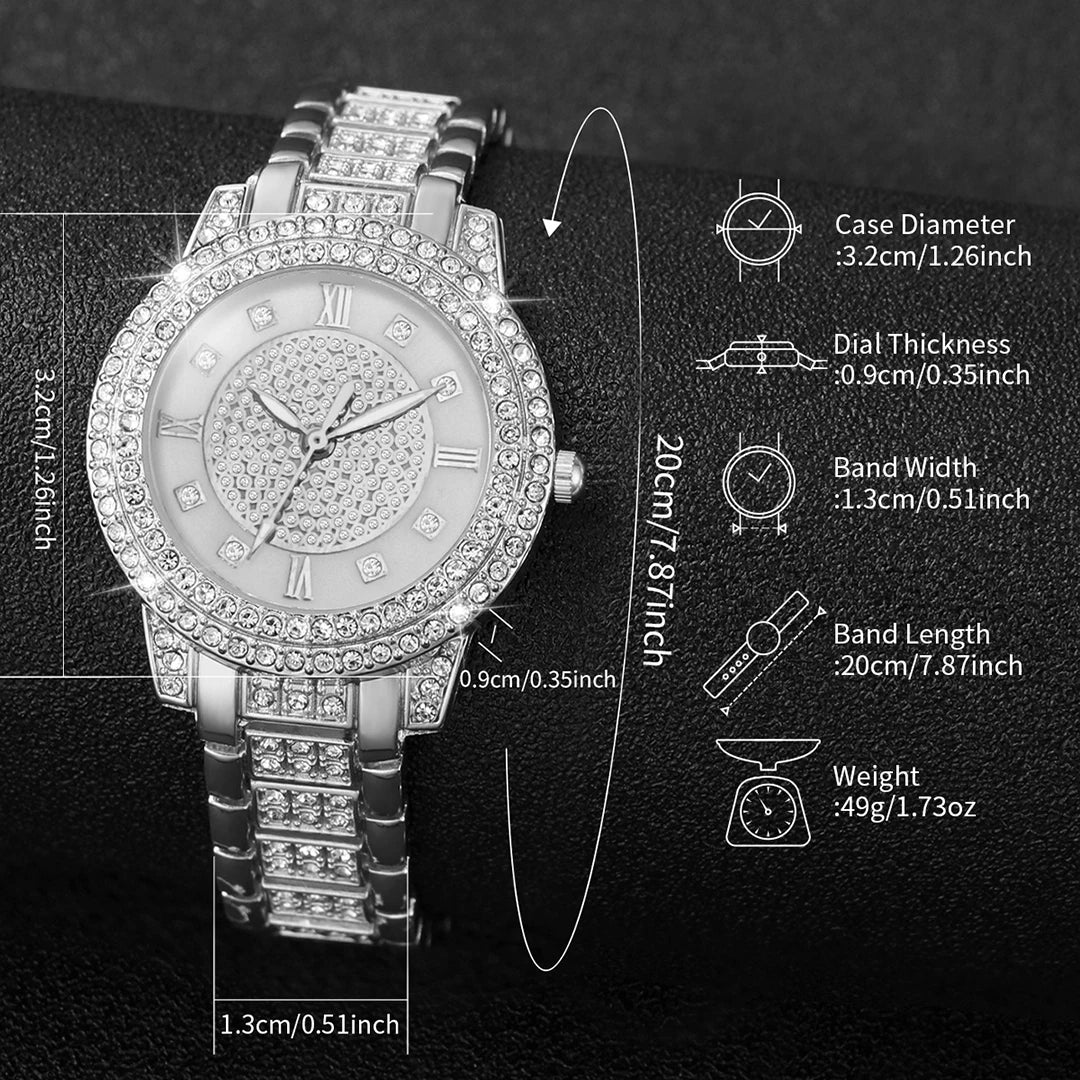 2PCS Fashion Full Diamond Women's Watch Roman Dial Steel Band Female Quartz Watches Set（Without Box） Qme